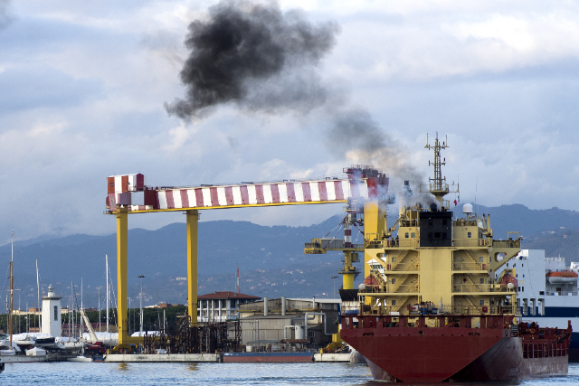 smokey container ship